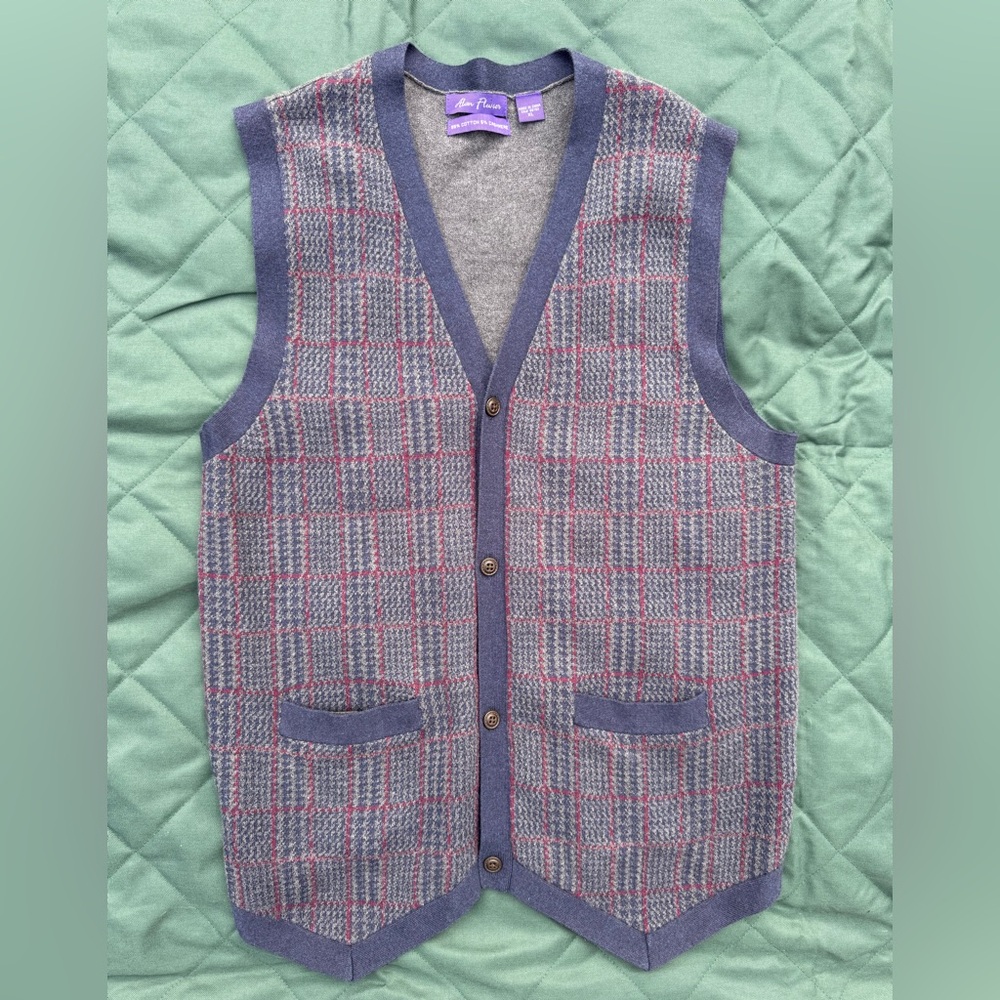 Alan Flusser Heather Gray and Navy Houndstooth Plaid Sweater Vest